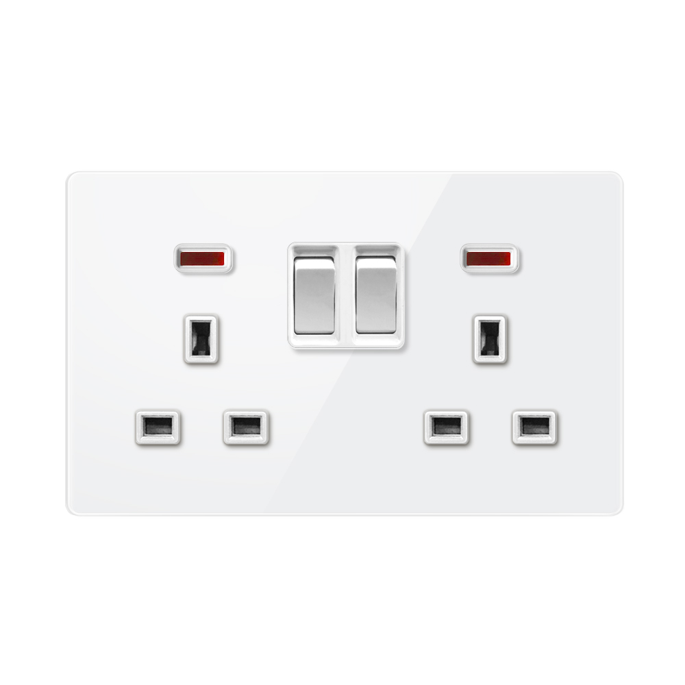 Tempered Glass Socket-YTG Double UK Socket With Switch With Indicator Light-White